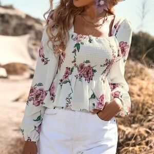 Floral Print Squared Neck Smocked Blouse - New Without Tags - SMALL